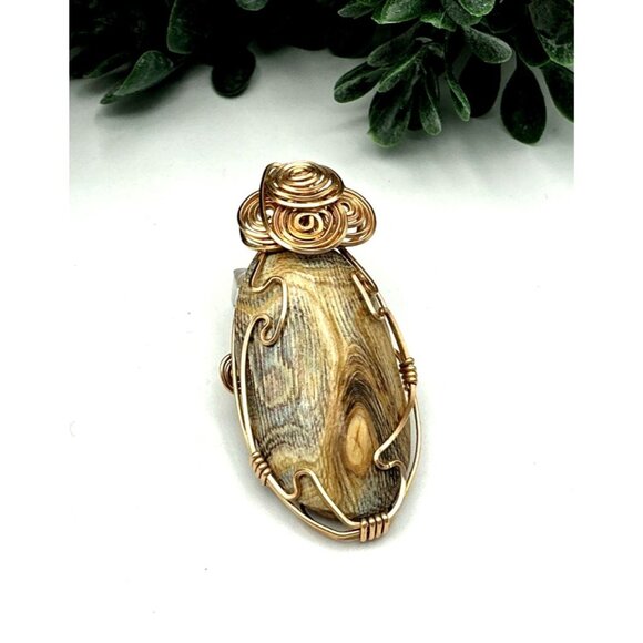 Handcrafted Wire-Wrapped Pendant With Natural Wood Grain Design Unique Artisan J - Picture 1 of 5